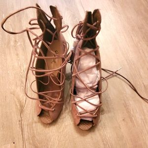 Quipid taupe faux suede  lace up wedges